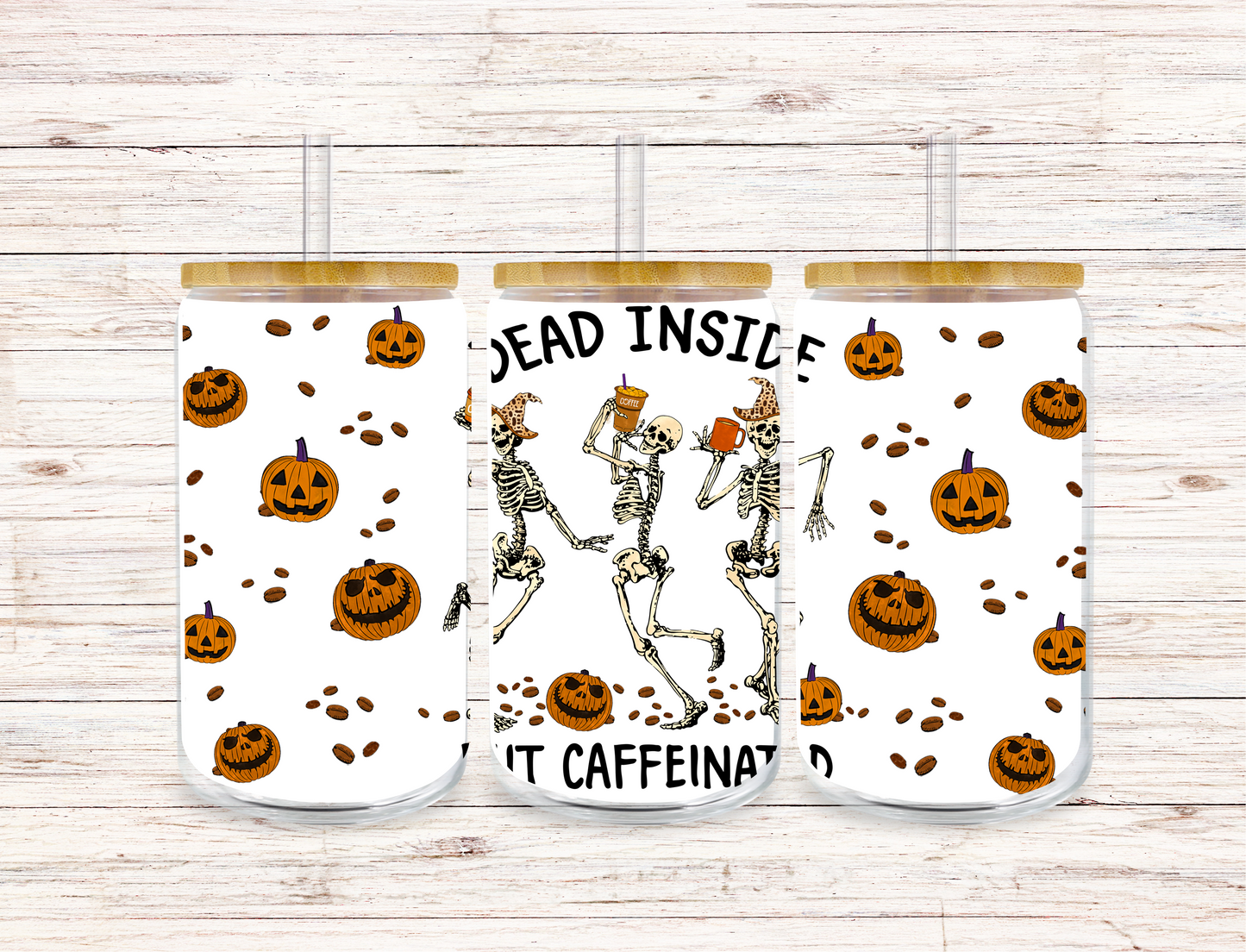 Dead Inside But Caffeinated Pumpkins Glass Tumbler