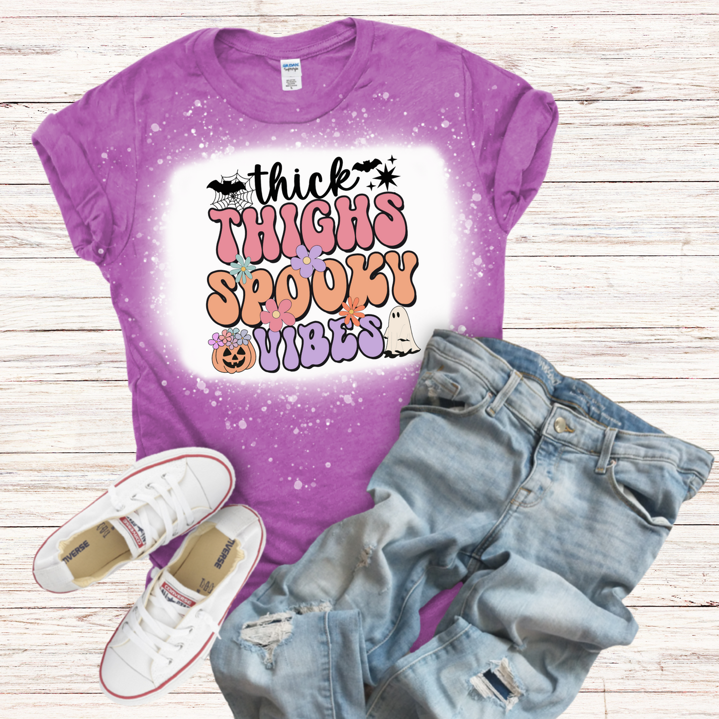 Thick Thighs Spooky Vibes Bleached Shirt